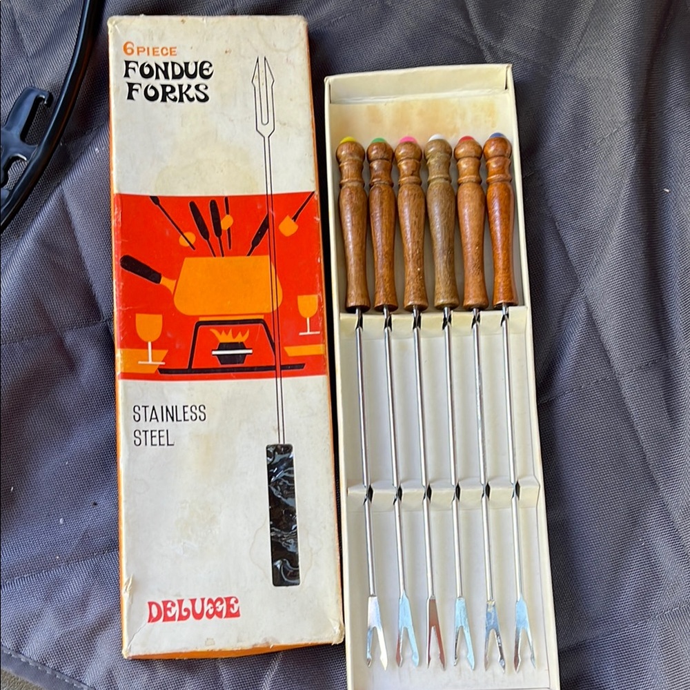Vintage Stainless Steel Fondue Forks with Wooden Handles
